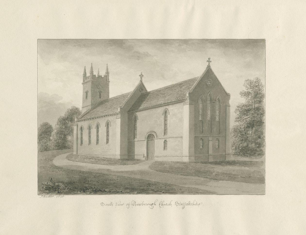 Igreja de Newborough: desenho de lavagem sépia de John Buckler