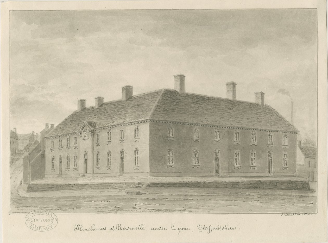 Newcastle-under-Lyme - Almshouses: desenho sépia, 1840 de John Buckler