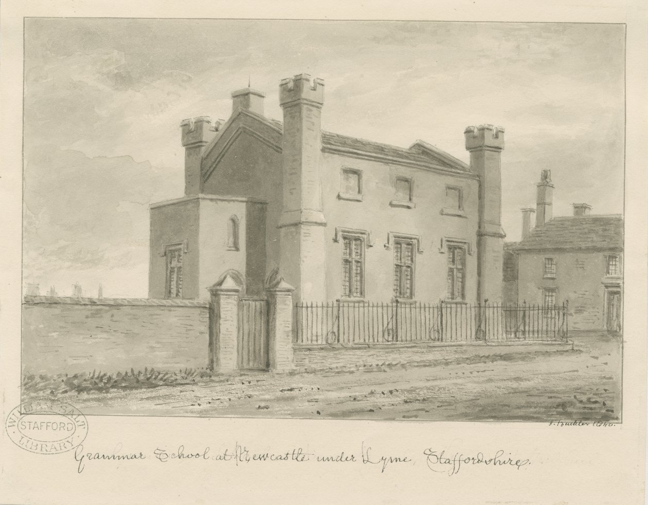 Newcastle-under-Lyme - escola secundária: desenho em sépia, 1840 de John Buckler