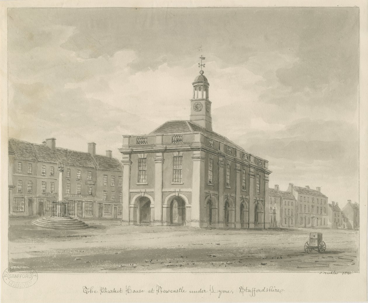 Newcastle-under-Lyme - Market Square: desenho em sépia, 1840 de John Buckler