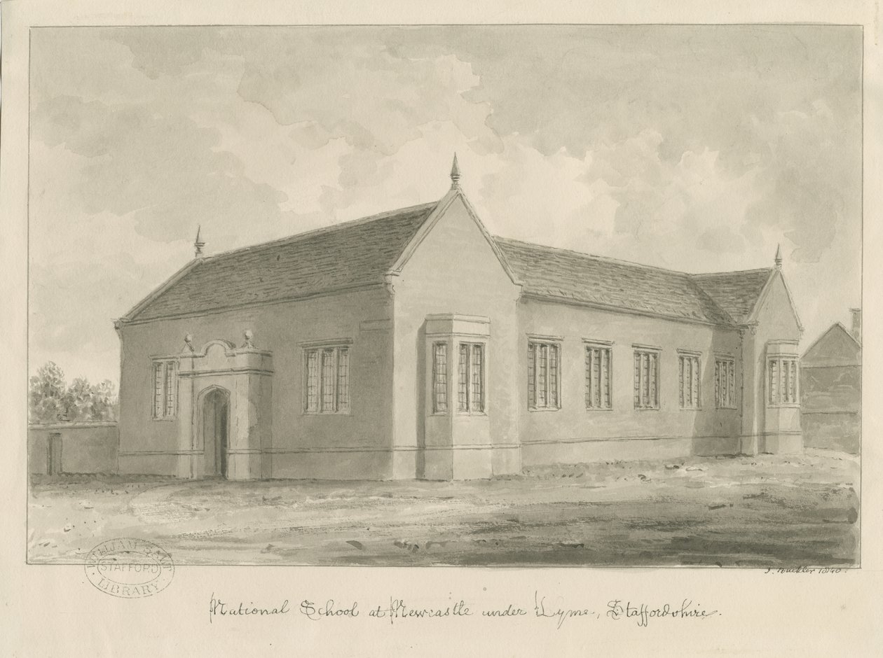Newcastle-under-Lyme - Escola Nacional: desenho de lavagem sépia de John Buckler