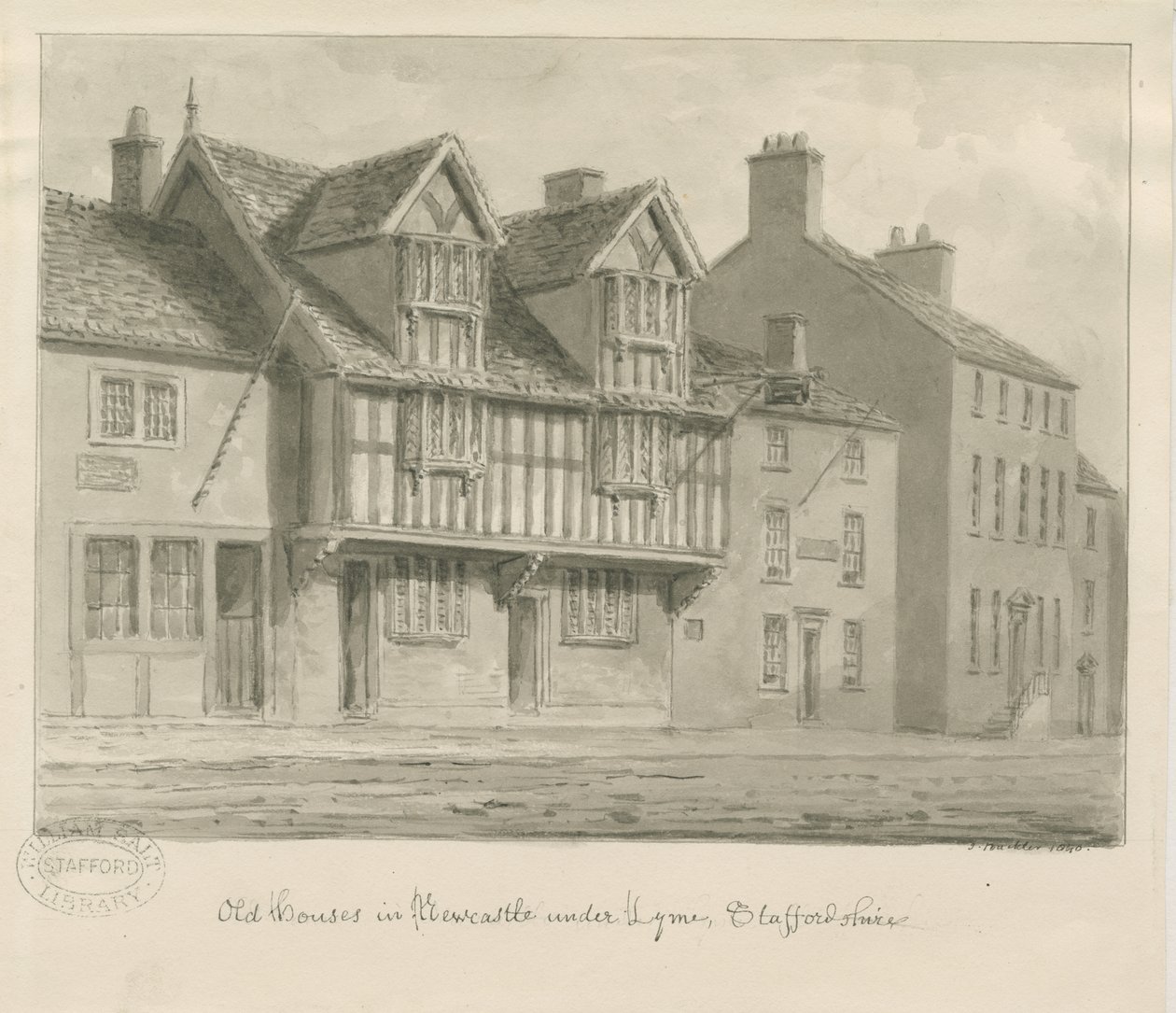 Newcastle-under-Lyme - Casas Antigas: desenho em sépia, 1840 de John Buckler