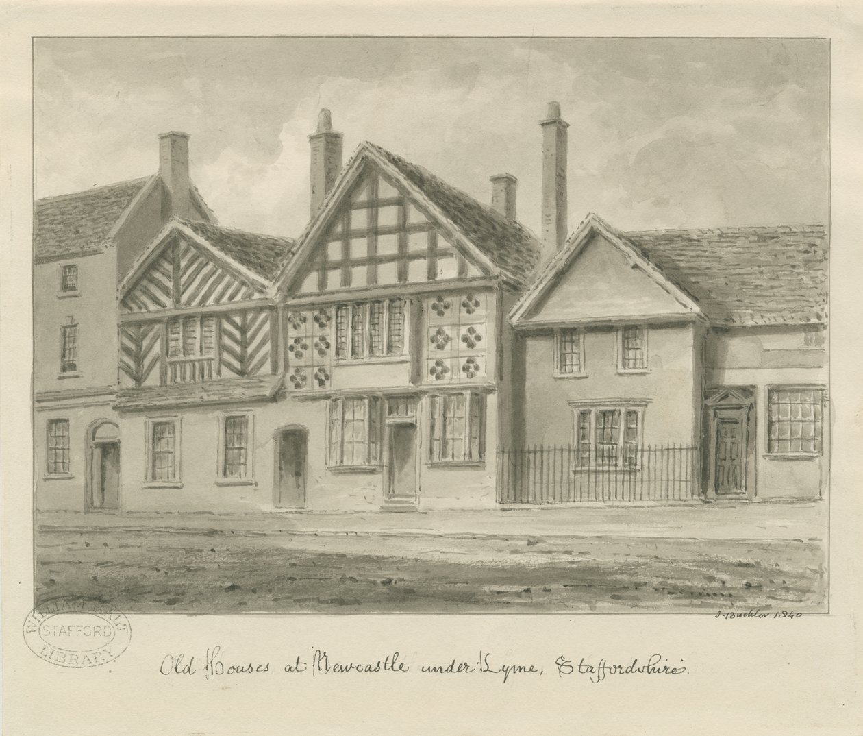 Newcastle-under-Lyme - Casas Antigas: desenho em sépia, 1840 de John Buckler