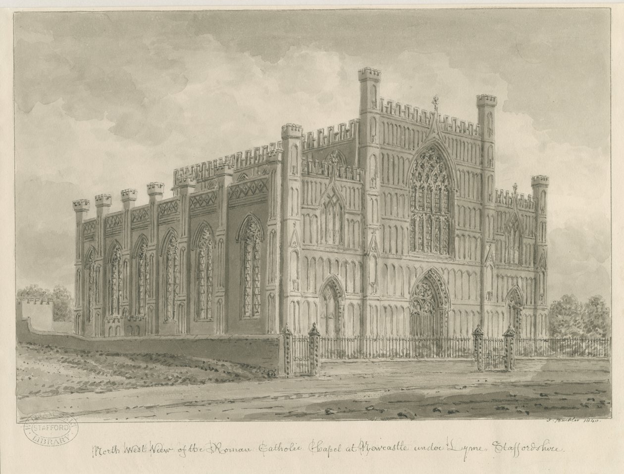 Newcastle-under-Lyme - Capela Católica Romana: desenho em sépia, 1840 de John Buckler