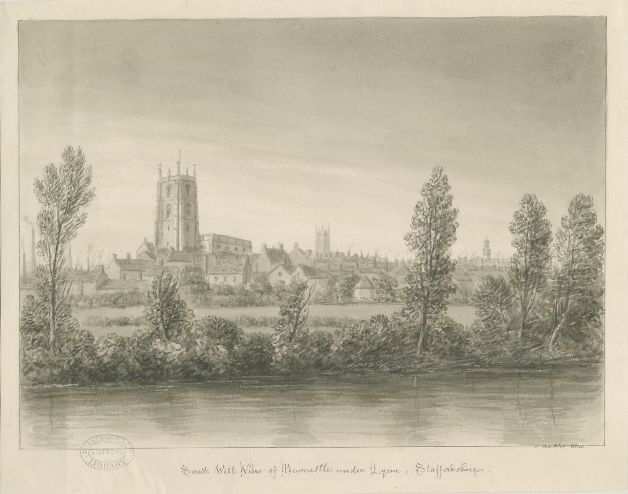 Newcastle-under-Lyme Town: desenho de lavagem sépia de John Buckler