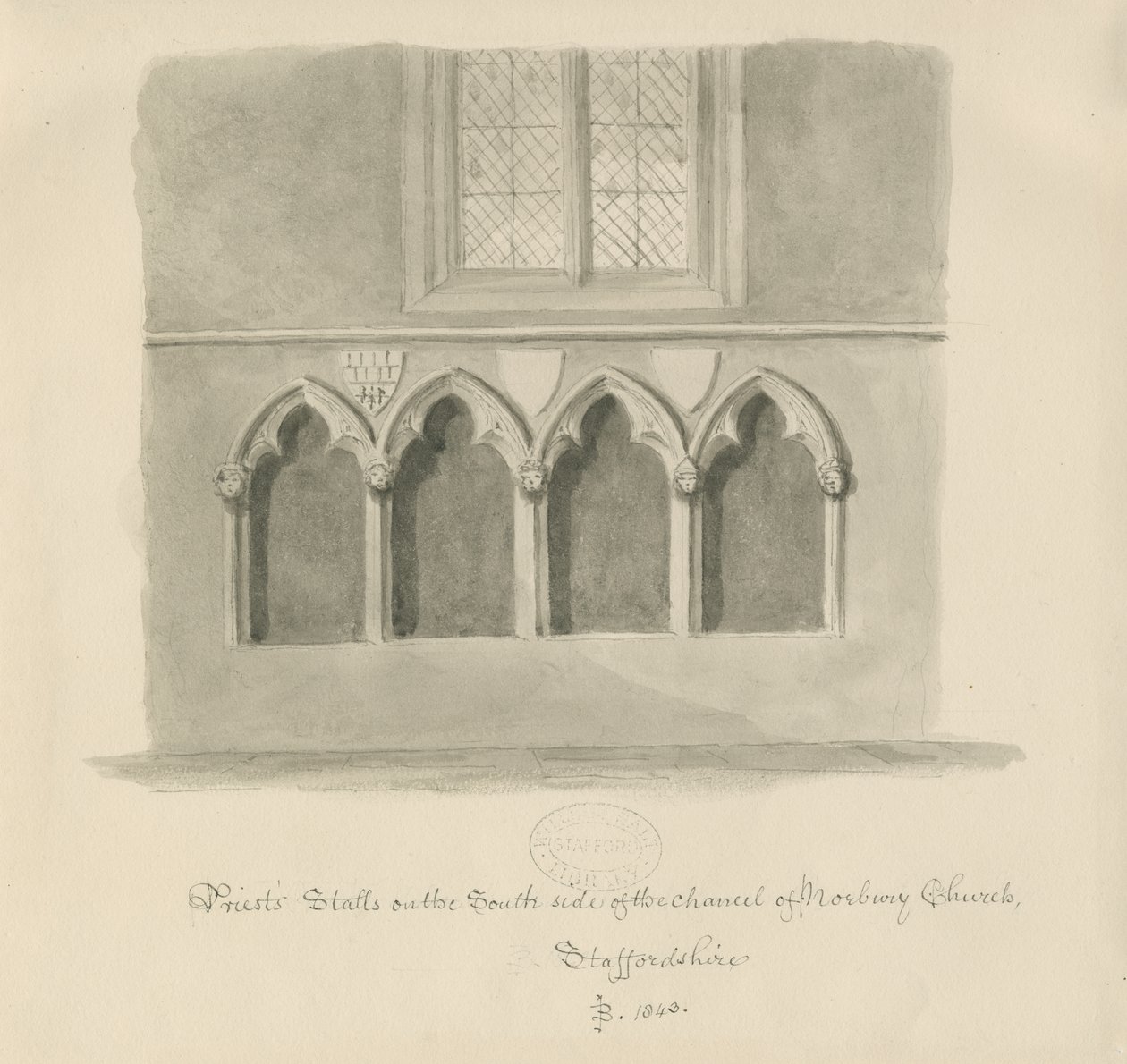 Igreja de Norbury - barracas de sacerdotes: desenho em sépia, 1843 de John Buckler