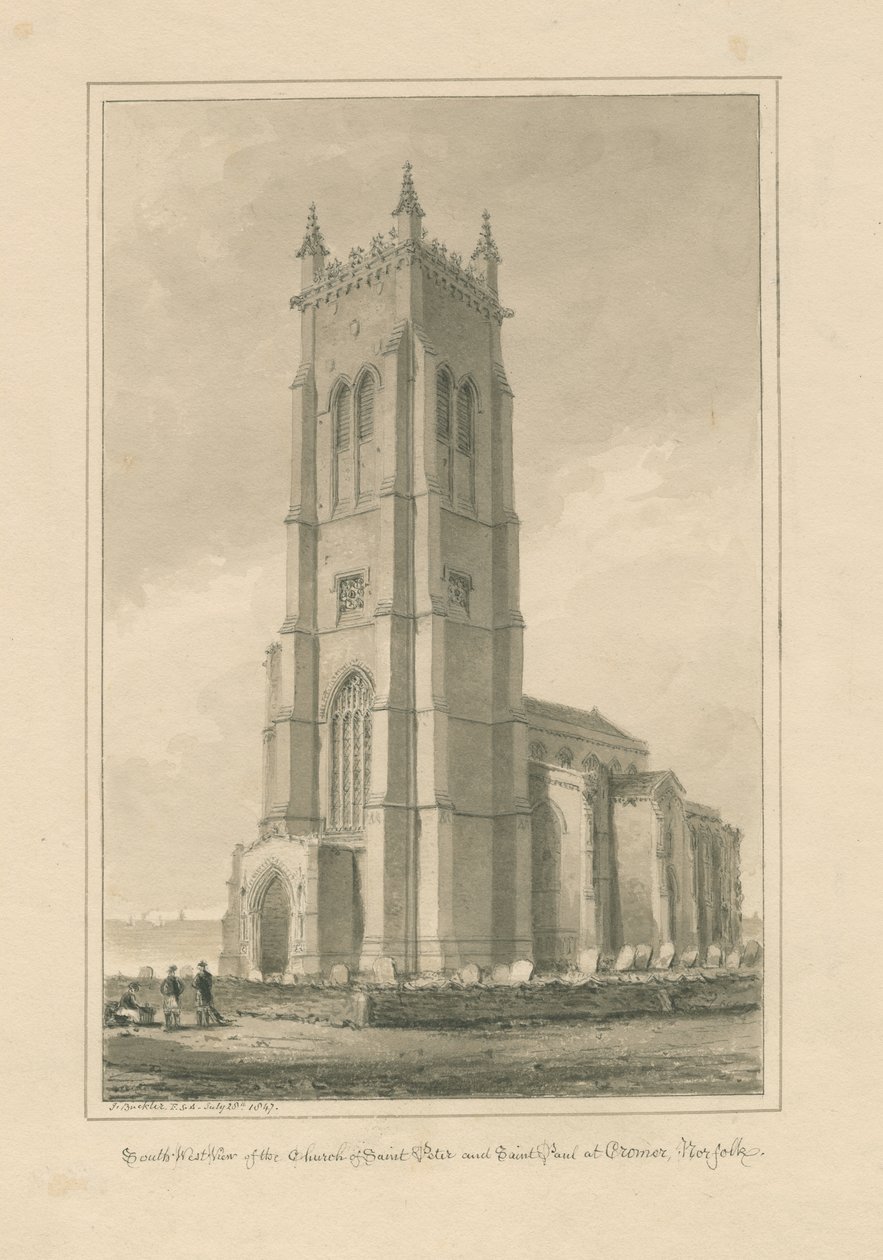 Norfolk - Cromer - Igreja de São Pedro e São Paulo: desenho em sépia, 1847 de John Buckler