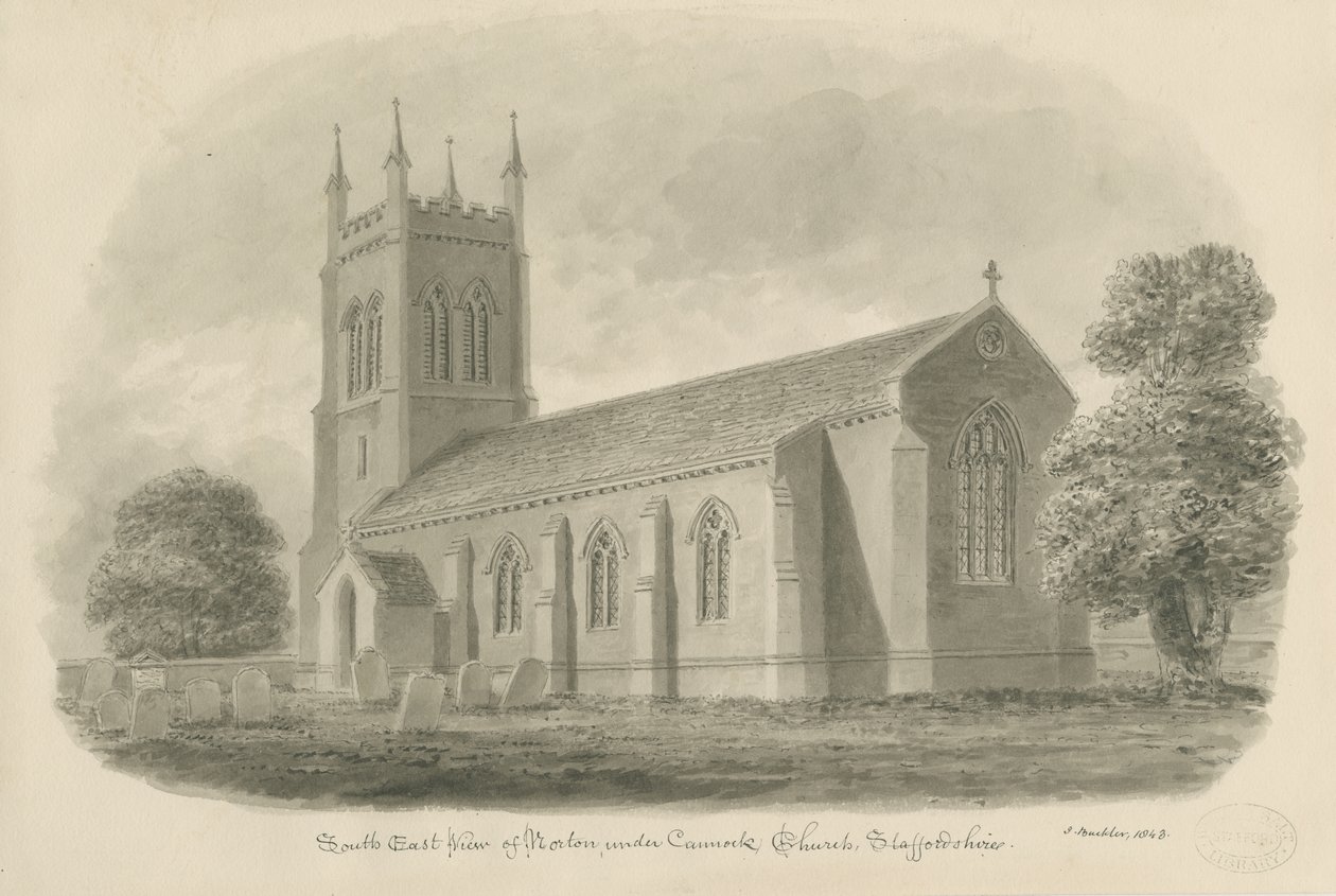 Igreja Norton Canes: desenho de lavagem sépia de John Buckler