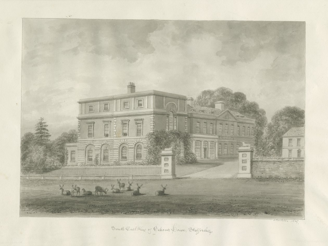 Okeover Hall: desenho em sépia, 1847 de John Buckler