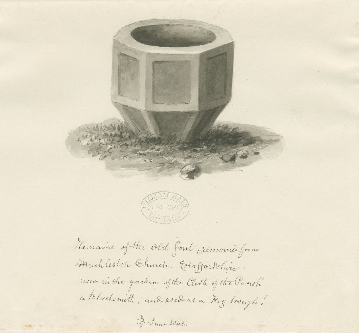 Fonte antiga da Igreja de Mucklestone: desenho de lavagem sépia, Jun 1843 (desenho) de John Buckler