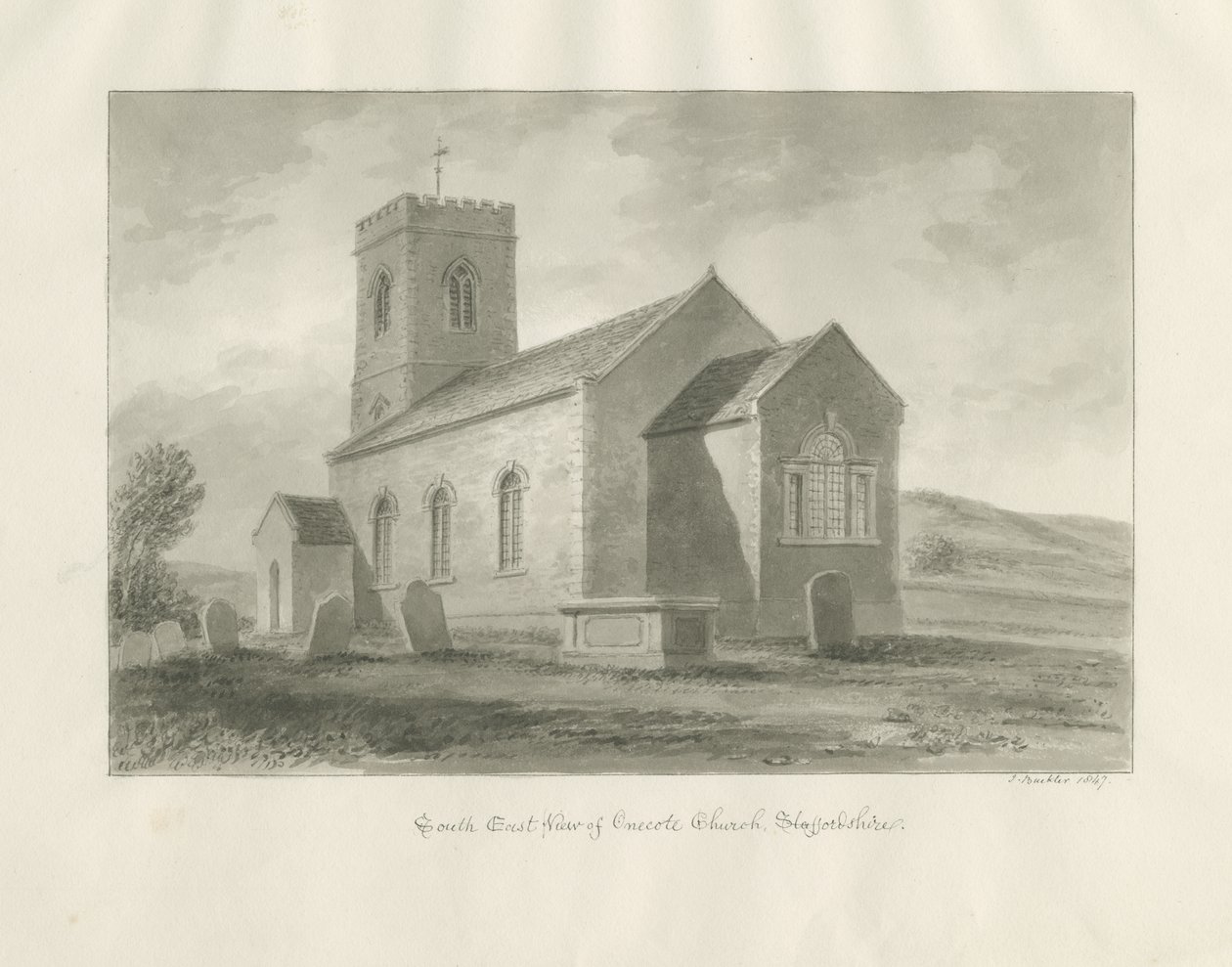 Igreja Onecote: desenho em sépia, 1847 de John Buckler