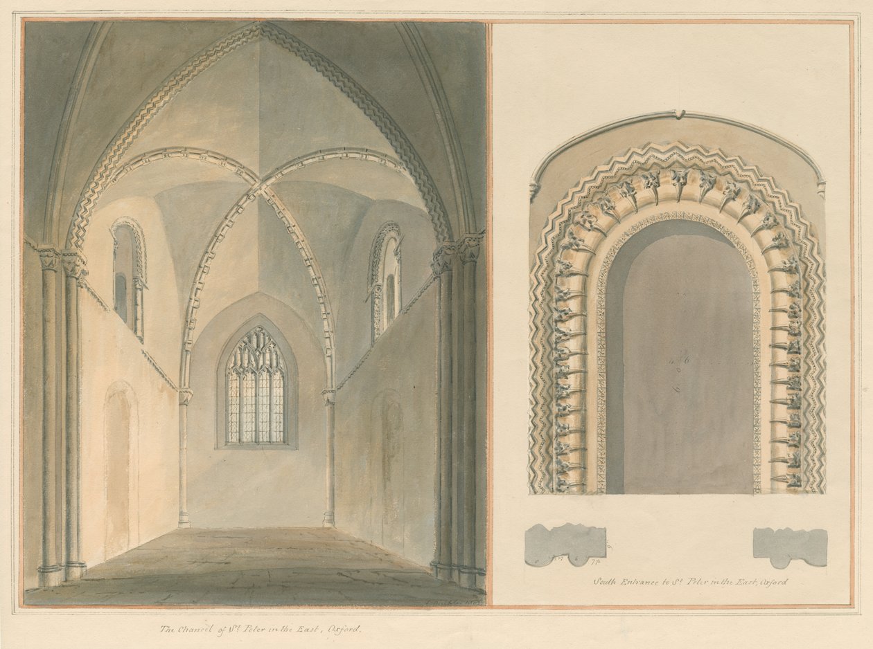 Oxfordshire - Oxford - Capela-mor e entrada sul de São Pedro na Igreja Oriental, 1803 de John Buckler