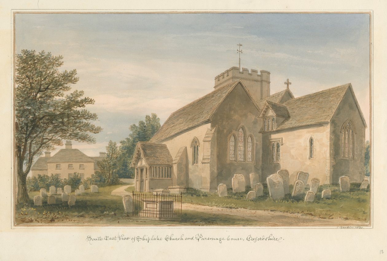 Oxfordshire - igreja de Shiplake e casa do parsonage, 1830 de John Buckler