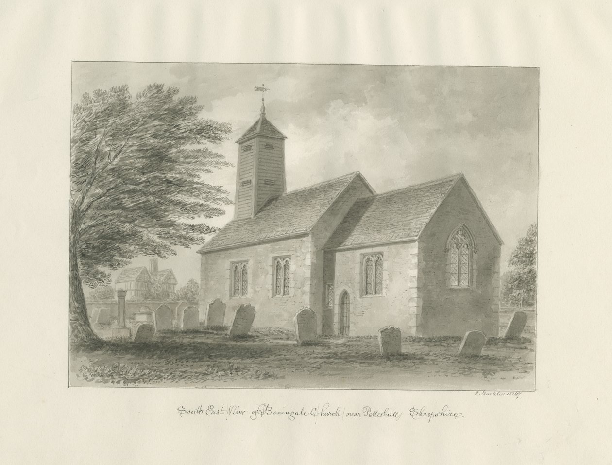 Patshull - Igreja Boningale: desenho de lavagem sépia de John Buckler