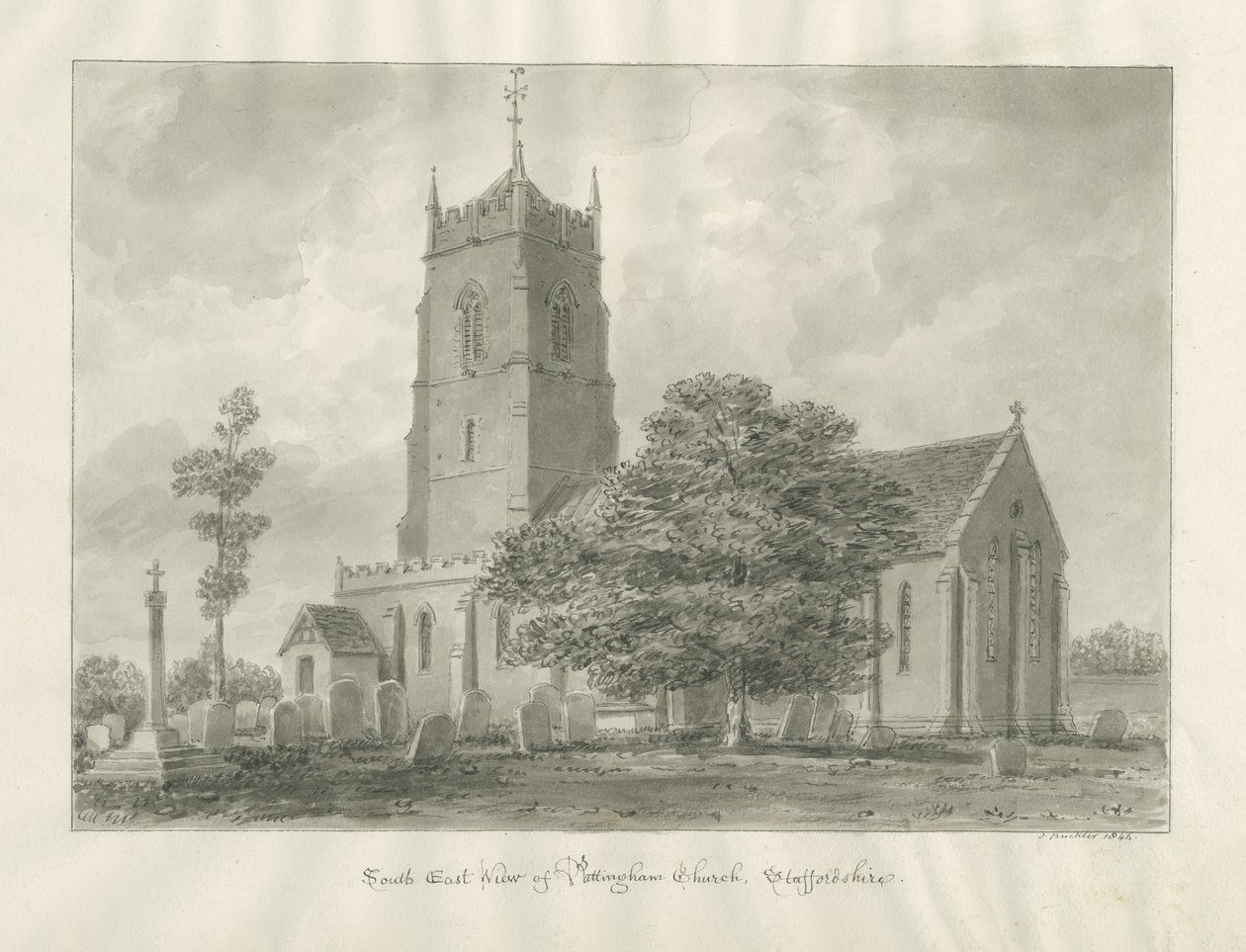 Igreja Pattingham: desenho sépia de John Buckler