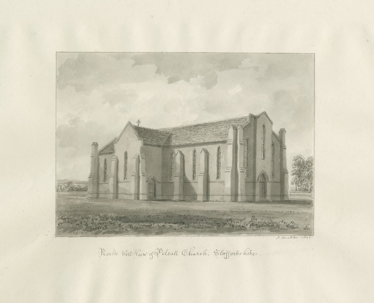 Igreja de Pelsall: desenho em sépia de John Buckler