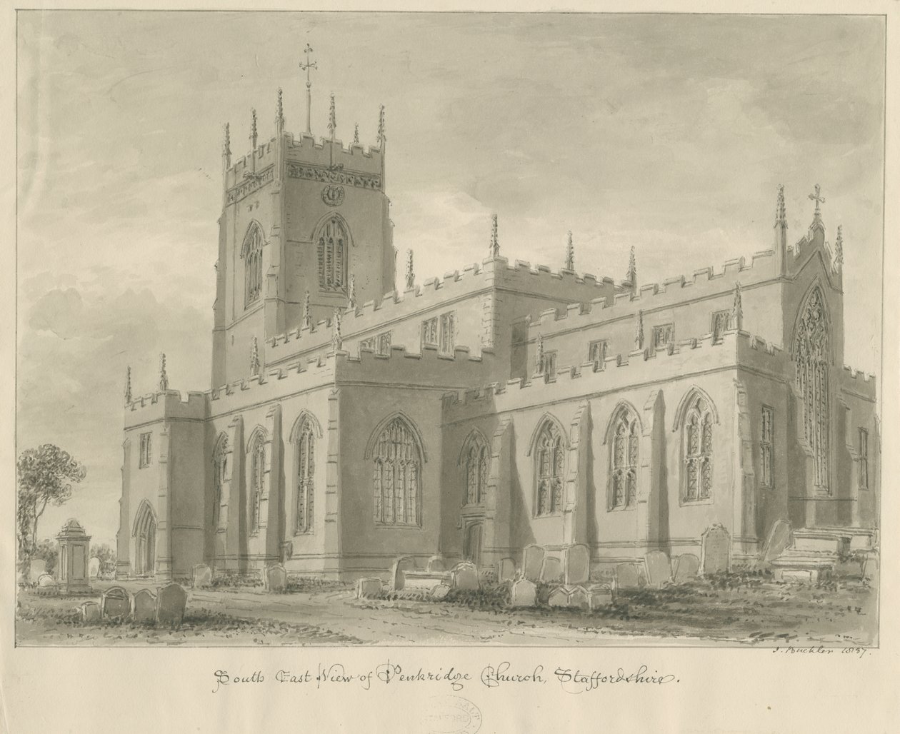 Igreja Penkridge: desenho sépia de John Buckler