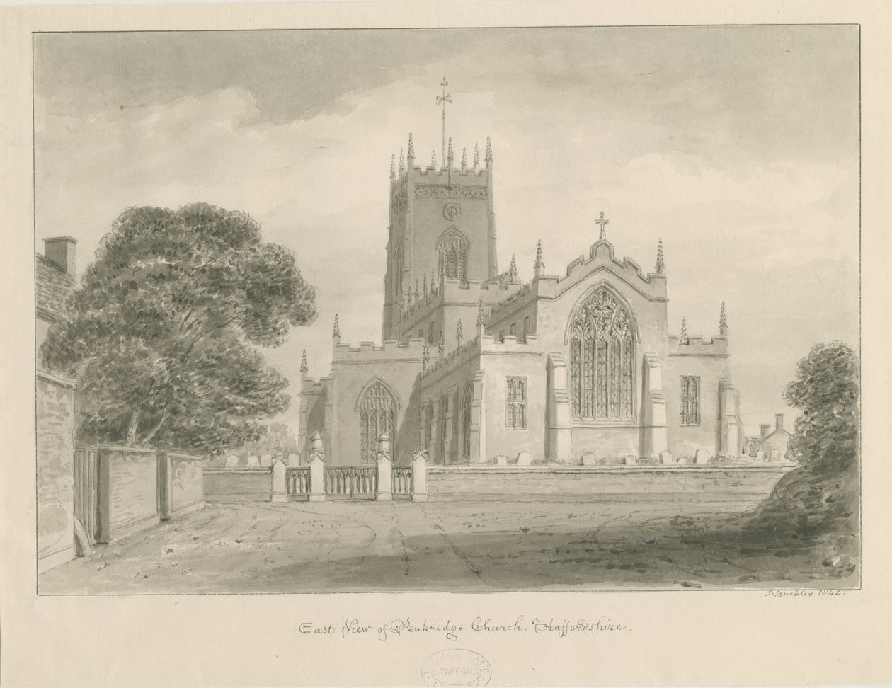 Igreja Penkridge: desenho em sépia de John Buckler