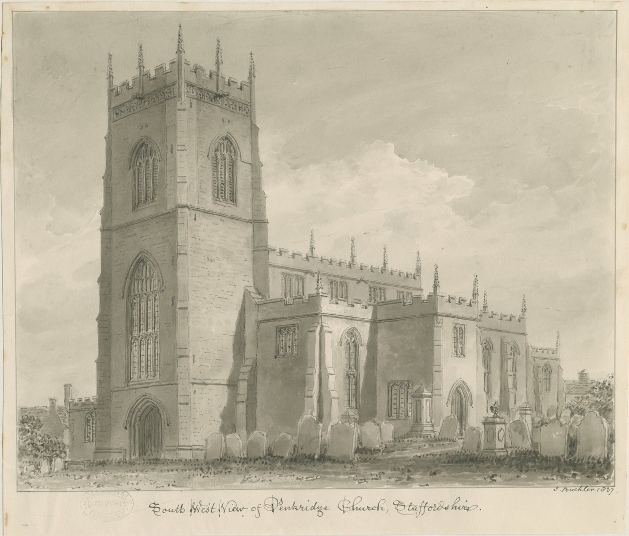 Igreja de Penkridge: desenho em sépia, 1837 de John Buckler