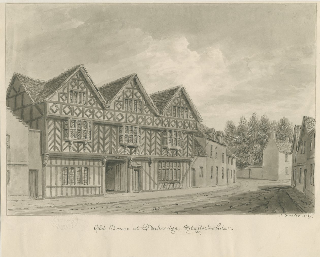 Penkridge Town - Old House: desenho em sépia de John Buckler