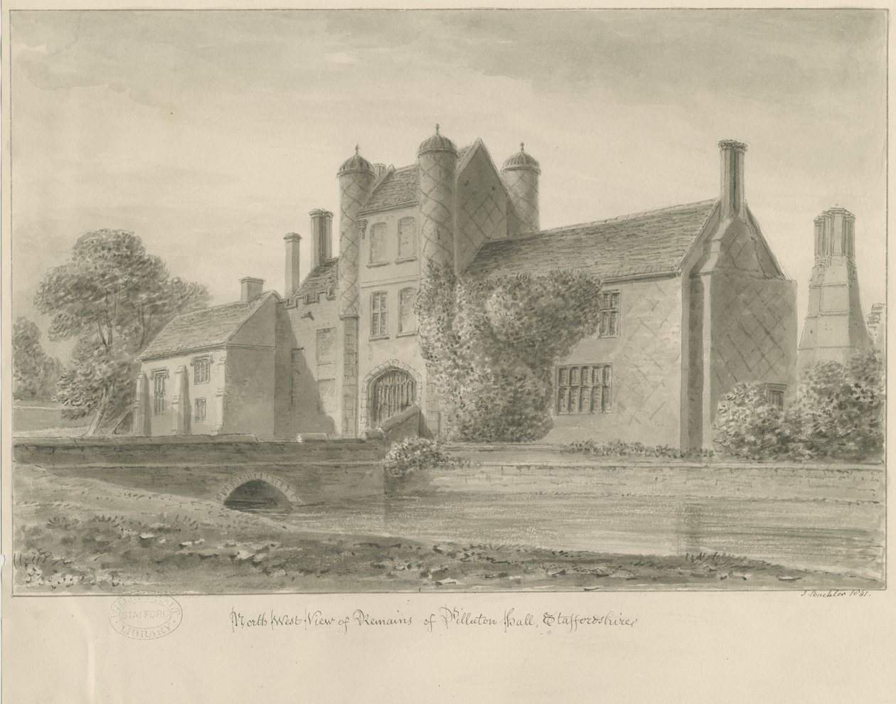Pillaton Hall: desenho sépia, 1841 de John Buckler