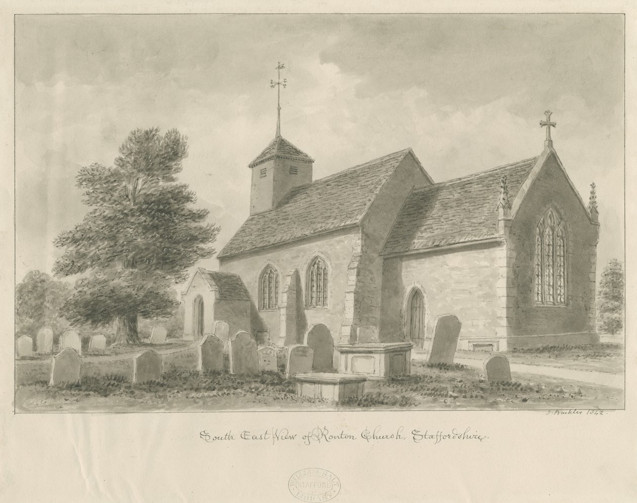 Igreja de Ranton: desenho em sépia, 1842 de John Buckler