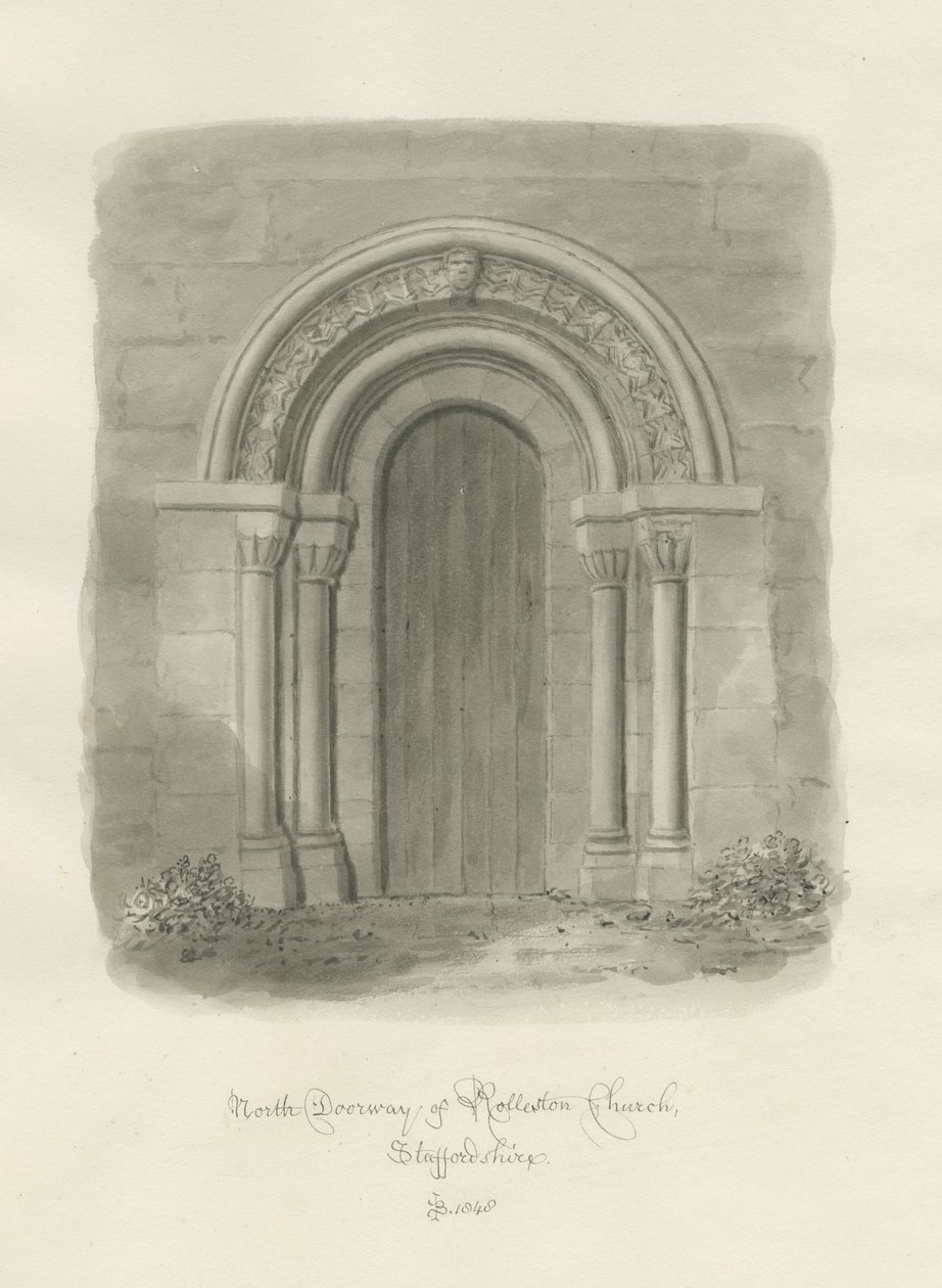 Igreja Rolleston - Porta Norte: desenho sépia de John Buckler