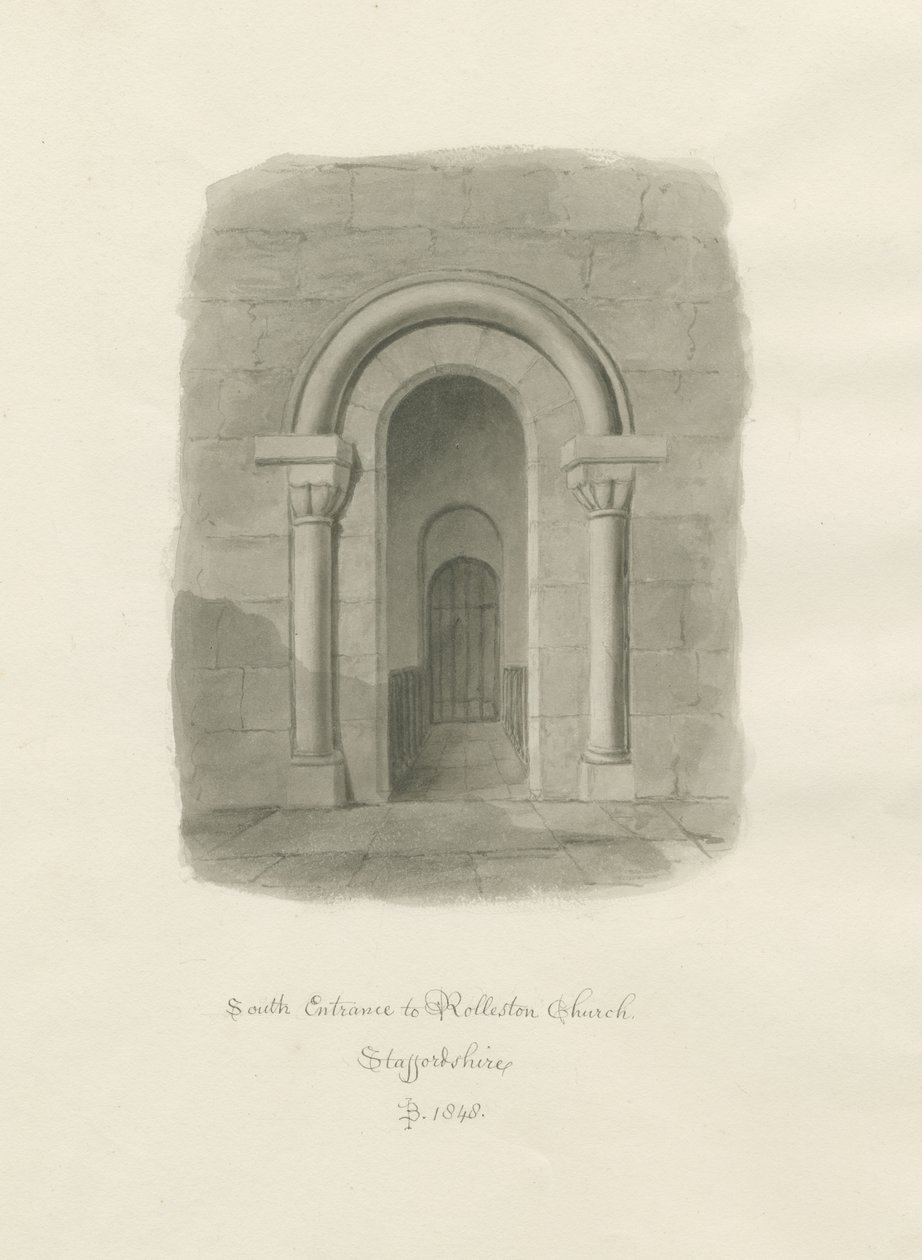 Igreja Rolleston - Entrada Sul: desenho sépia de John Buckler