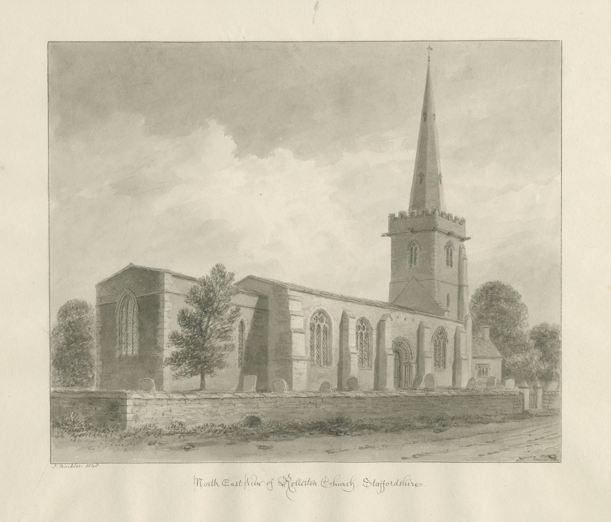 Igreja de Rolleston: desenho sépia, 1848 de John Buckler