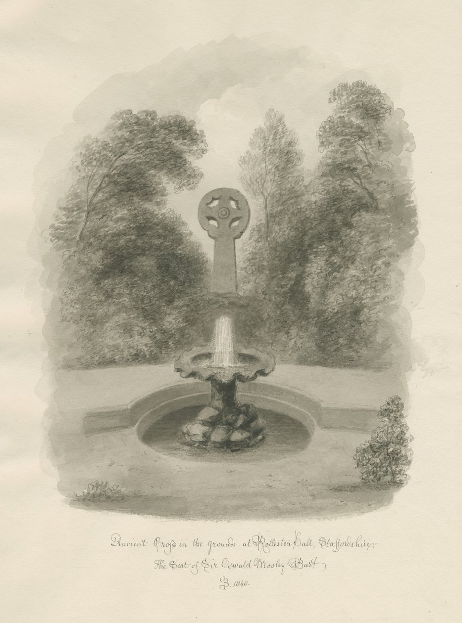 Rolleston Hall - Cruz antiga: desenho em sépia, 1848 de John Buckler