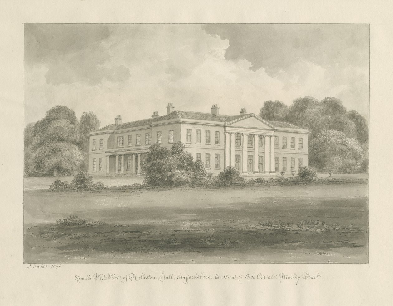 Rolleston Hall: desenho sépia de John Buckler