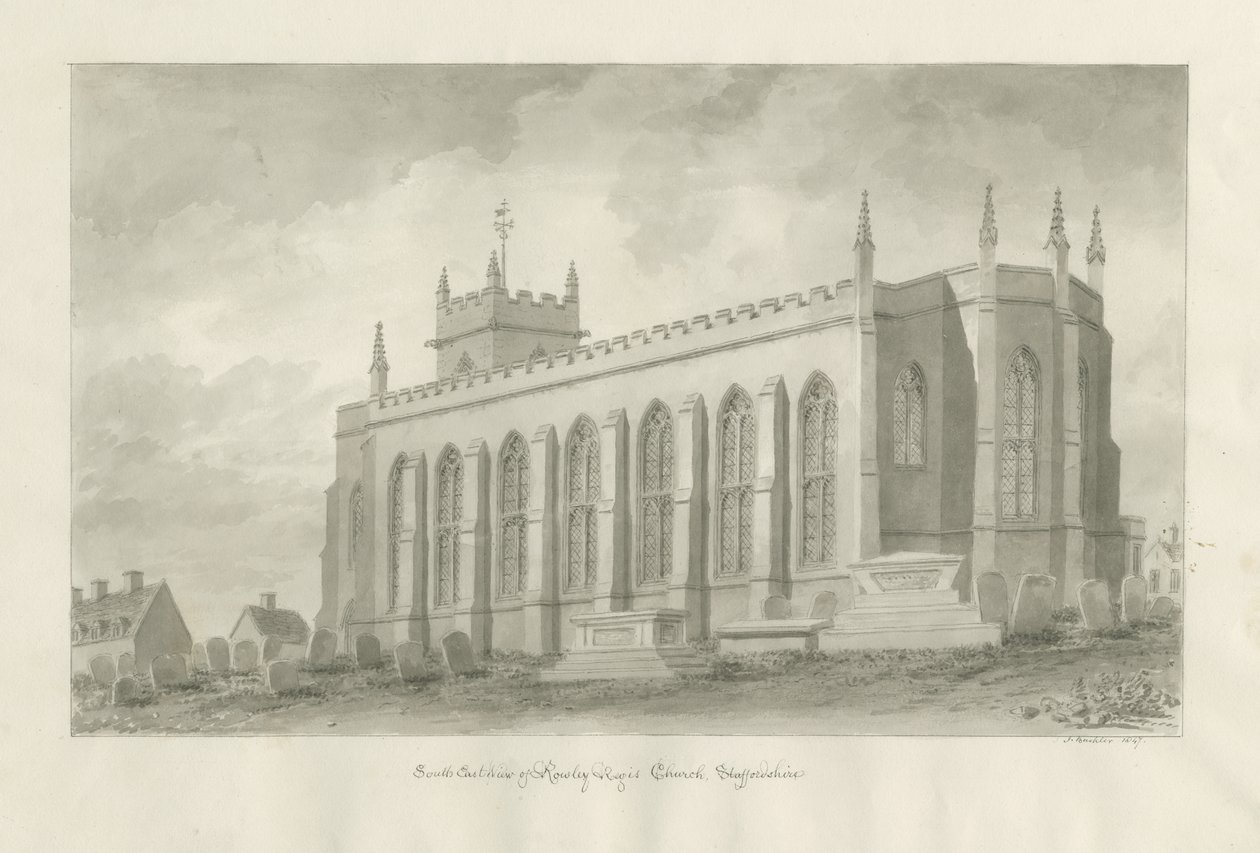 Igreja Rowley Regis: desenho em sépia, 1847 de John Buckler