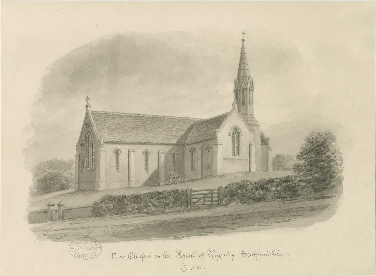 Rugeley - Capela Brereton: [St. Igreja de Michael, Brereton] desenho em sépia, 1841 de John Buckler