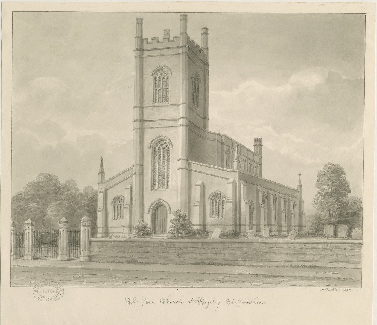 Igreja de Rugeley (nova): desenho em sépia de John Buckler