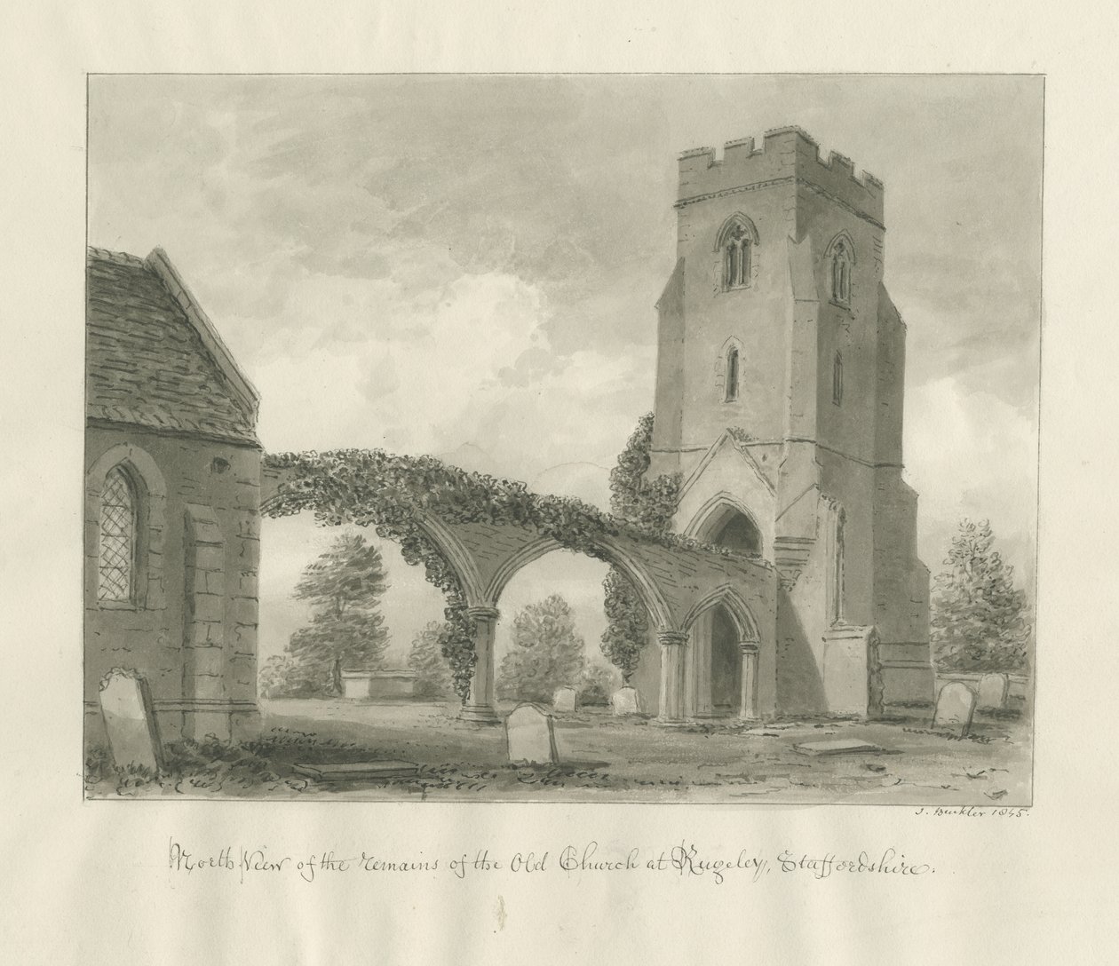Igreja Rugeley (Antiga): desenho sépia de John Buckler