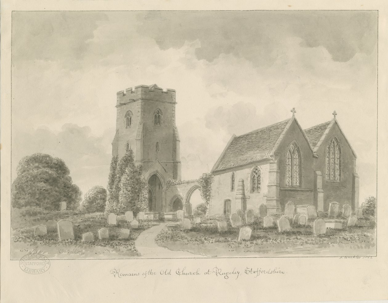 Igreja de Rugeley (antiga): desenho em sépia de John Buckler