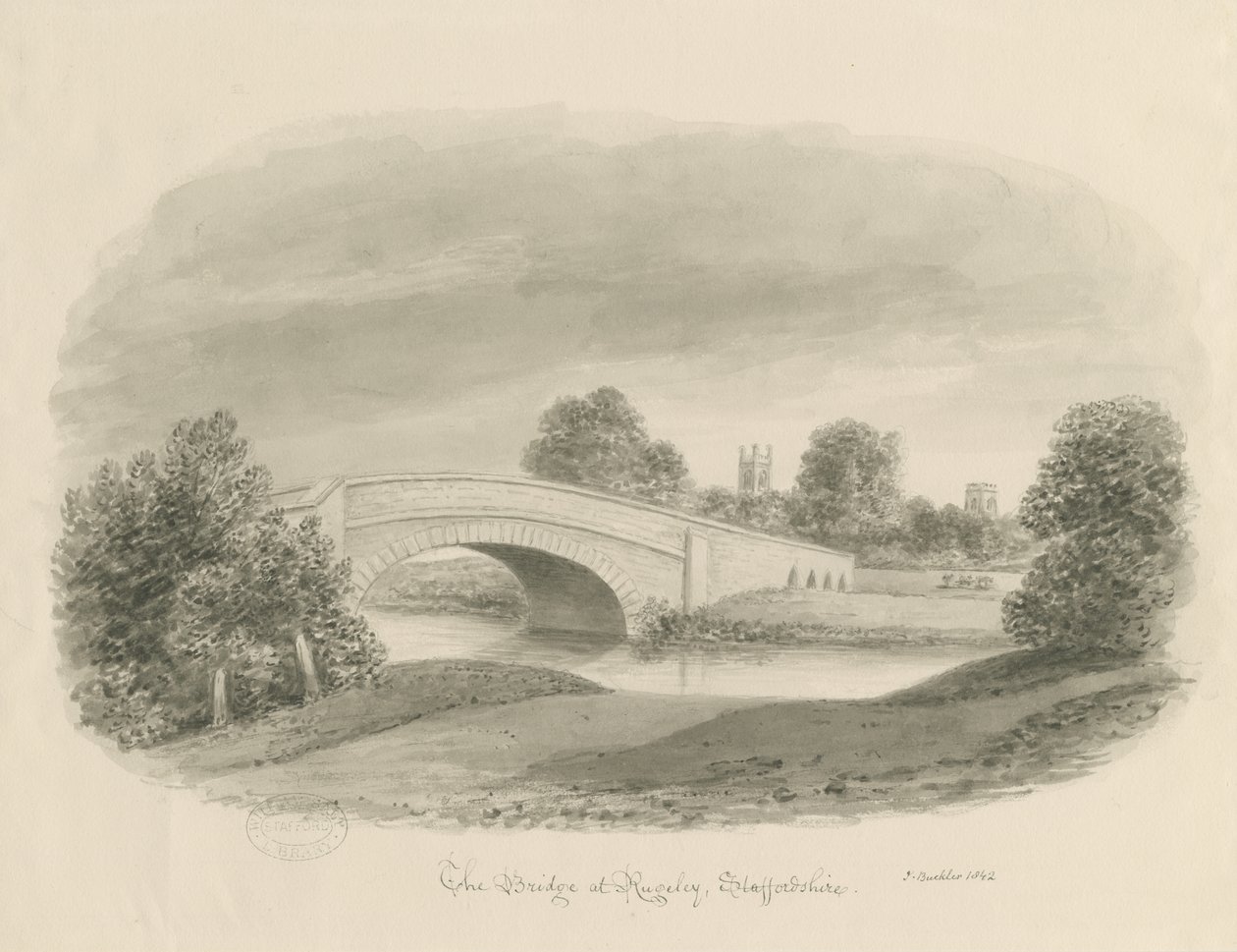 Rugeley Town - Ponte: desenho sépia, 1842 de John Buckler