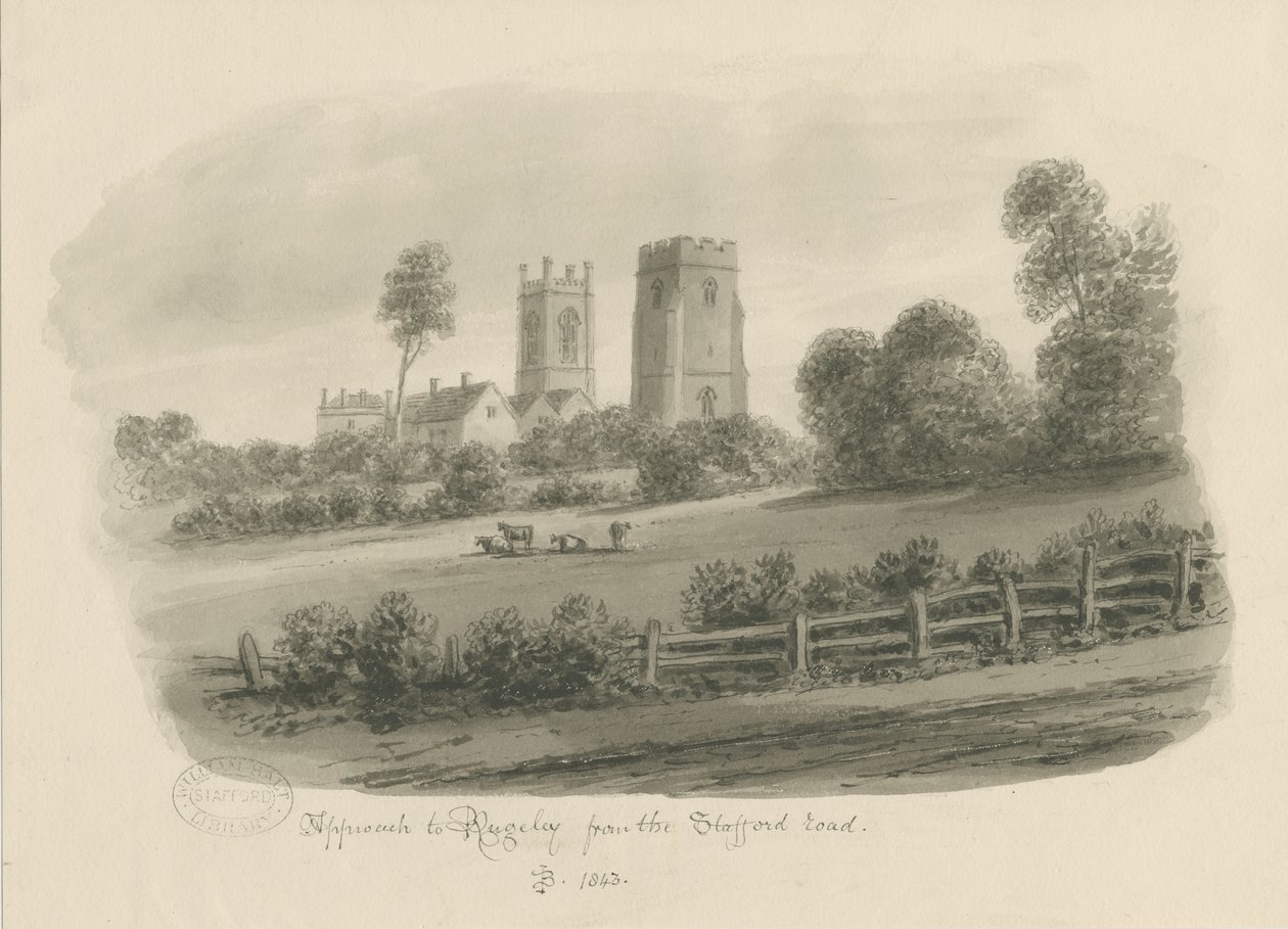 Rugeley Town - Da Stafford Road: desenho em sépia de John Buckler