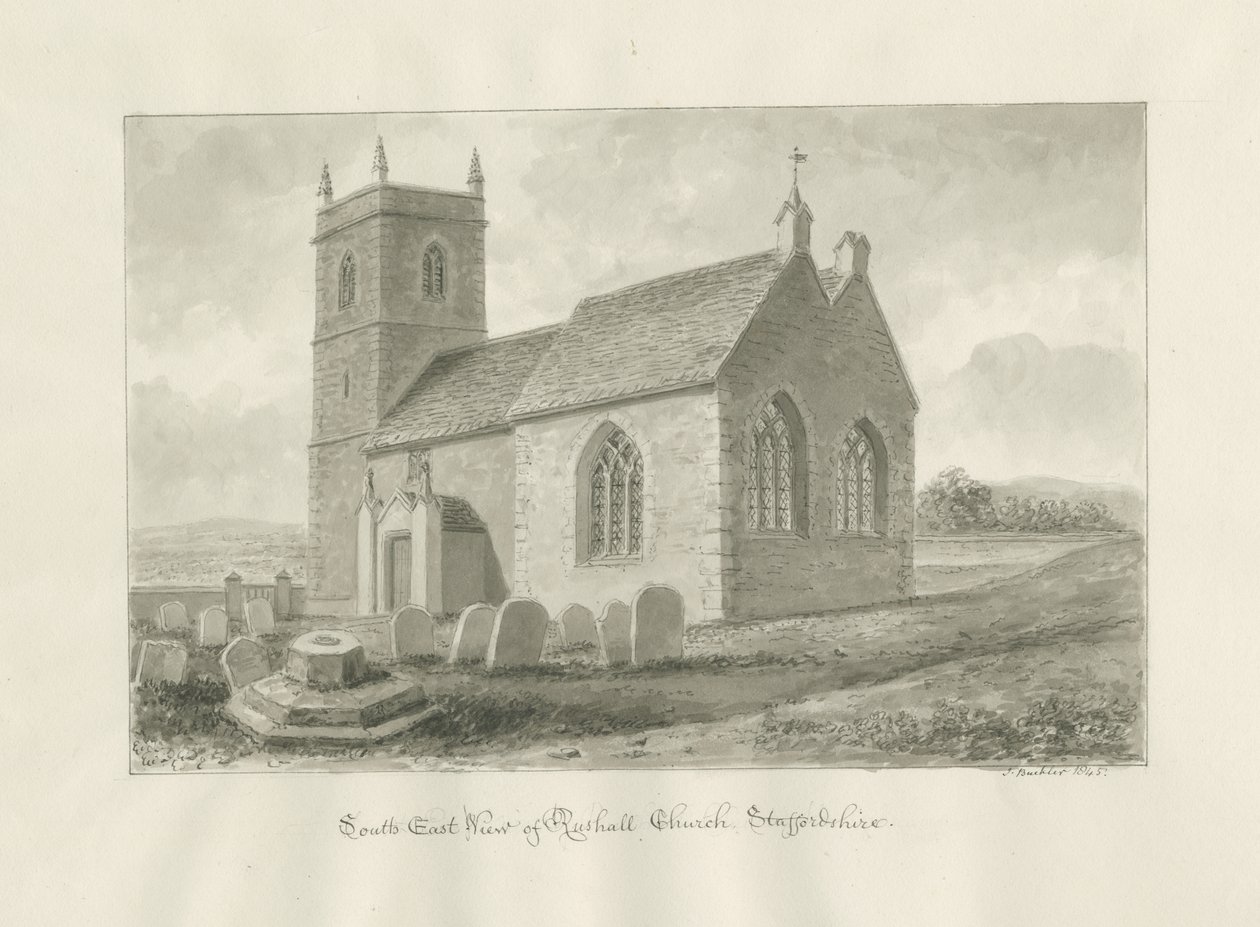 Igreja Rushall: desenho sépia, 1845 de John Buckler