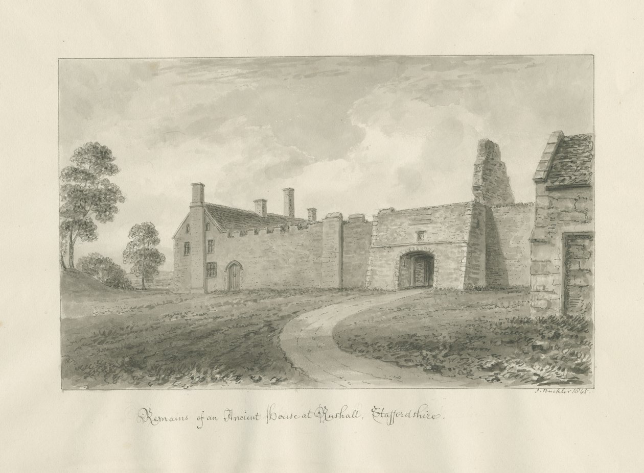 Rushall Hall: desenho lavado em sépia de John Buckler