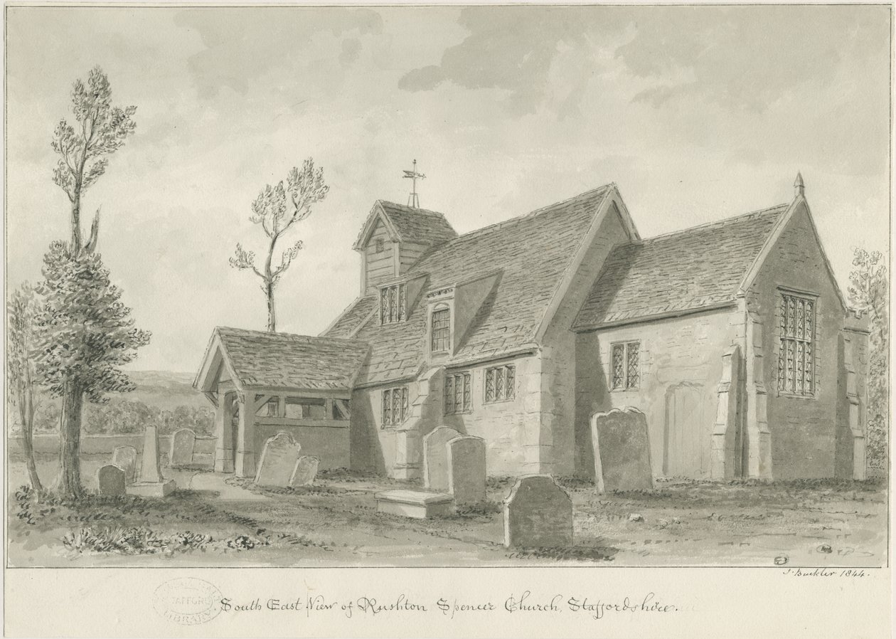 Igreja Rushton Spencer: desenho em sépia, 1844 de John Buckler