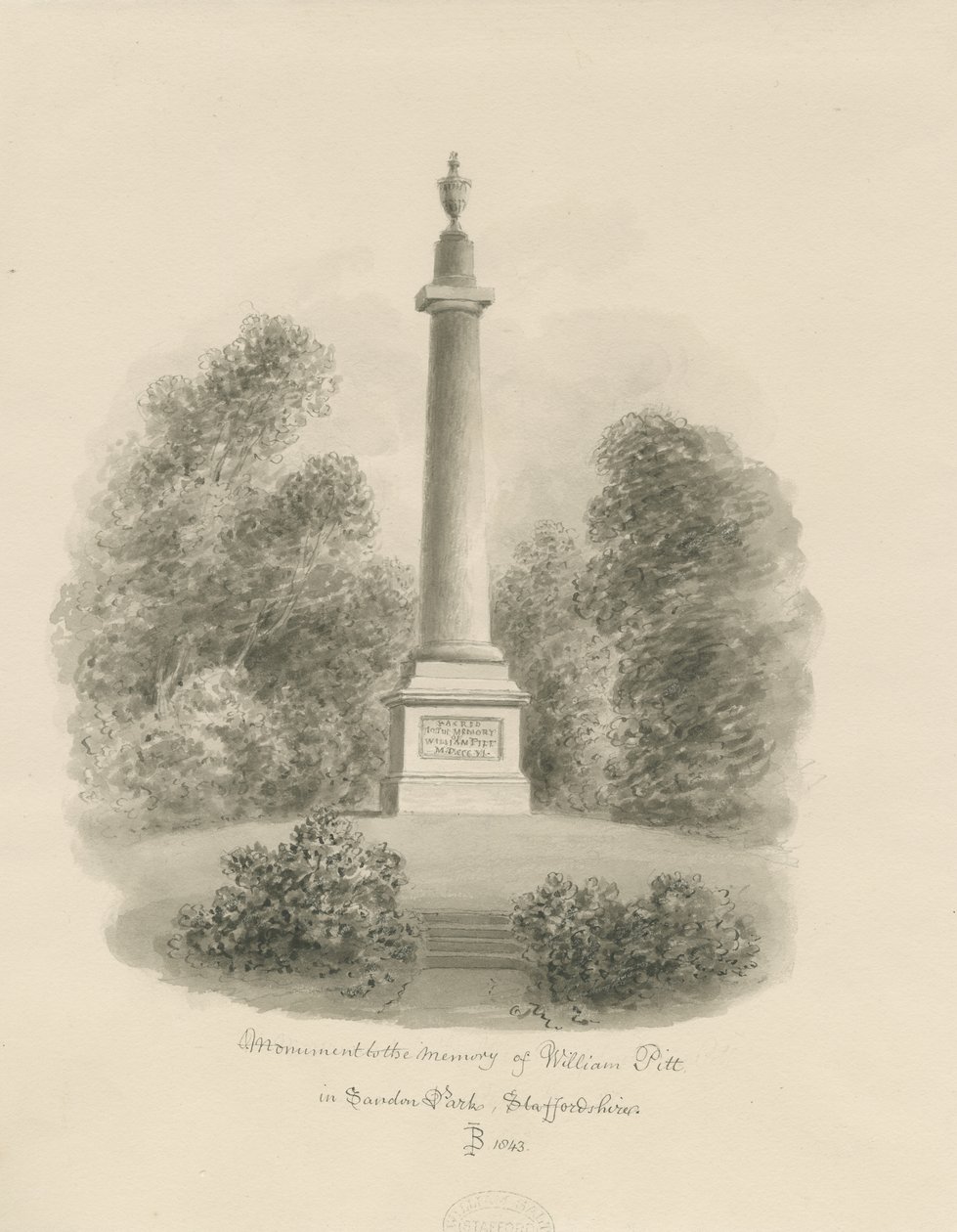 Sandon - Monumento a William Pitt: desenho em sépia de John Buckler