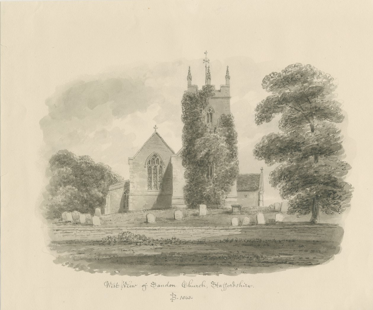 Igreja de Sandon: desenho em sépia, 1843 de John Buckler