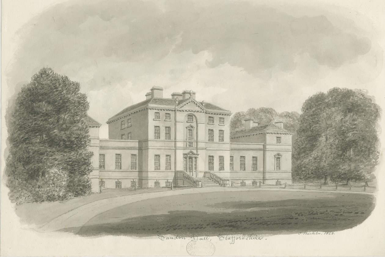 Sandon Hall: desenho sépia (vinheta) de John Buckler