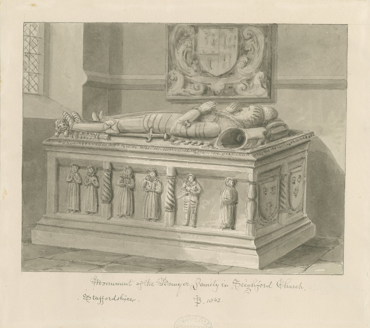 Seighford Church - Túmulo de William e Mercy Bowyer: desenho em sépia, 1842 de John Buckler