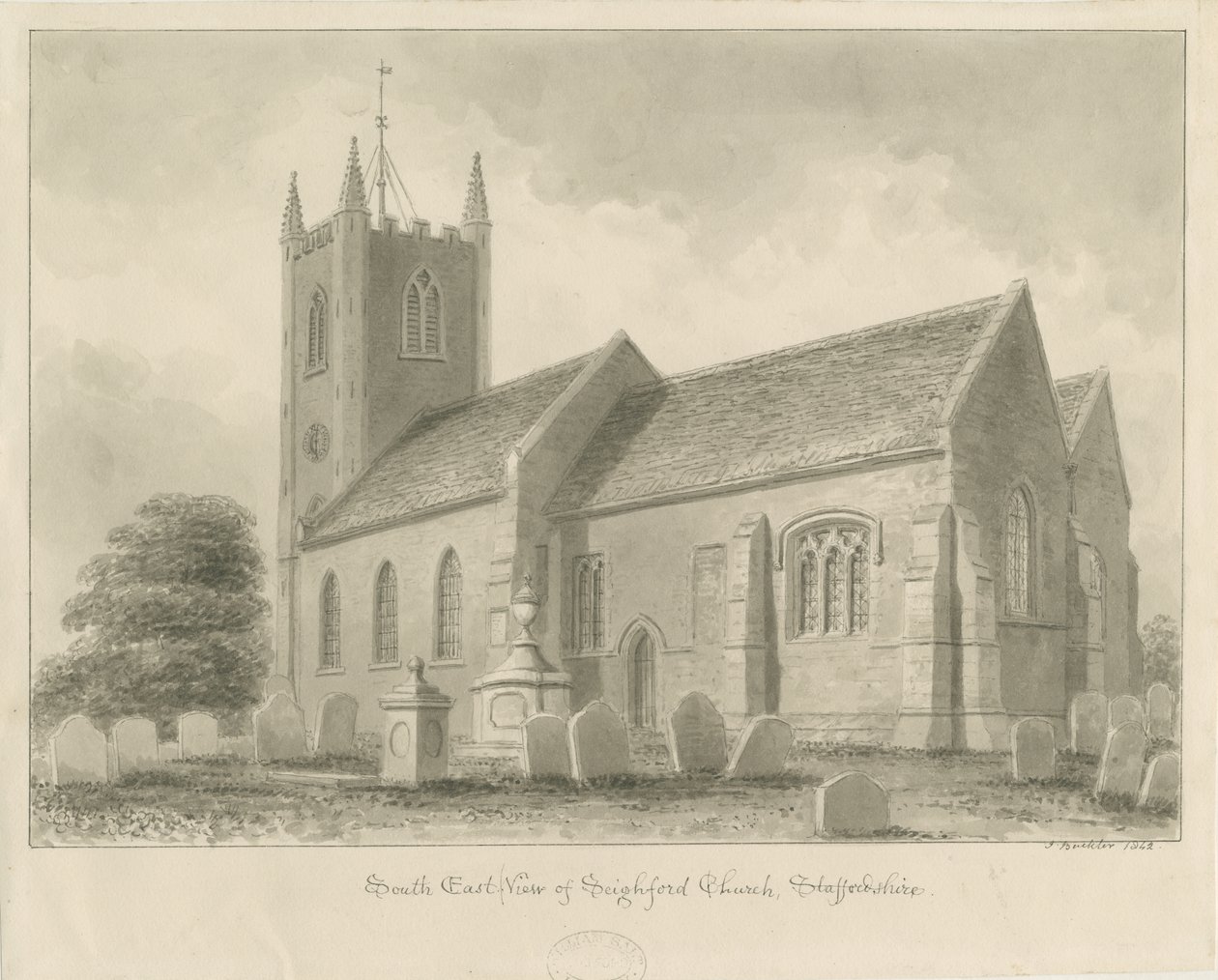 Igreja de Seighford: desenho em sépia, 1842 de John Buckler