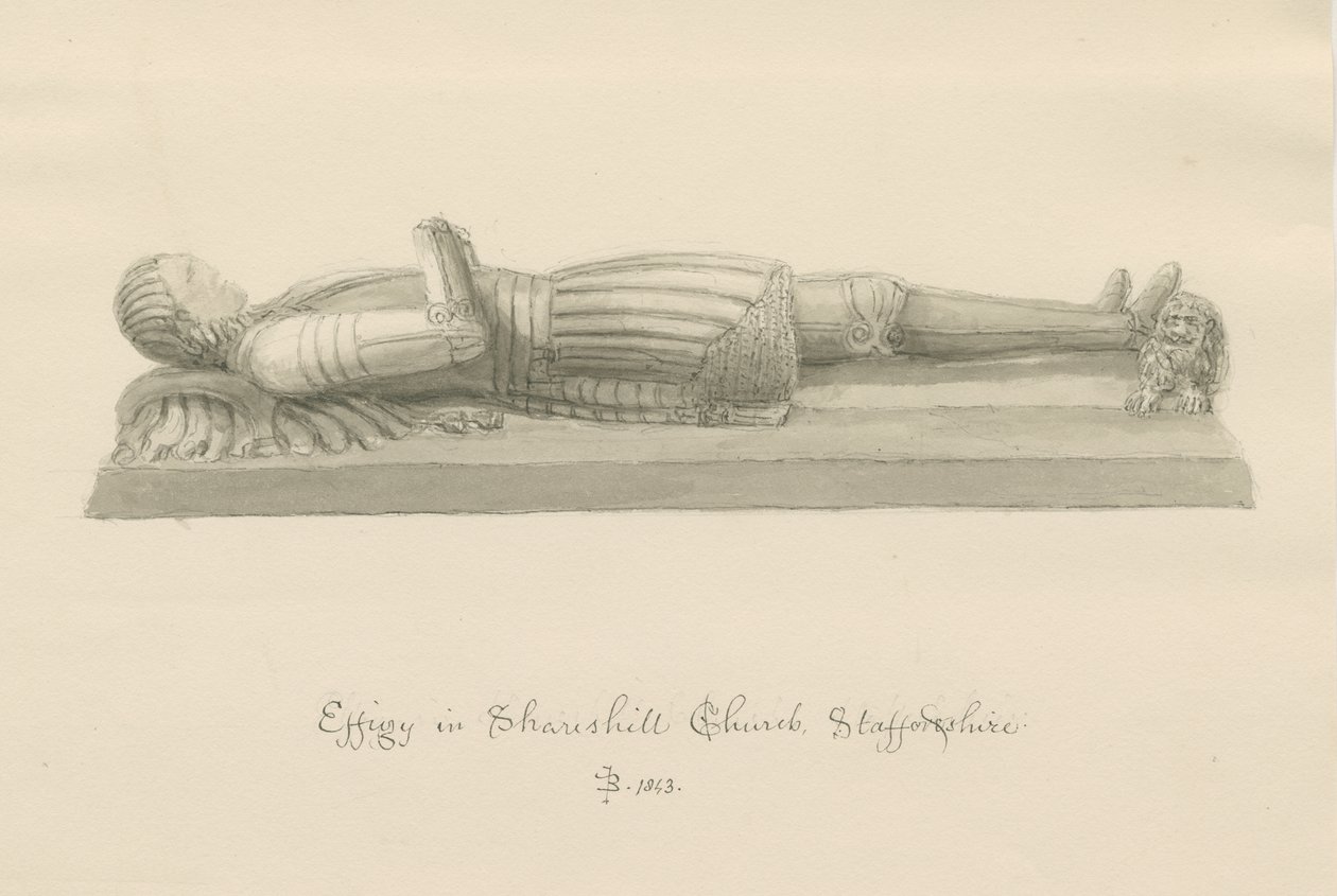 Igreja Shareshill - Efígie Monumental a [Sir Humphrey Swynnerton]: desenho de lavagem sépia de John Buckler