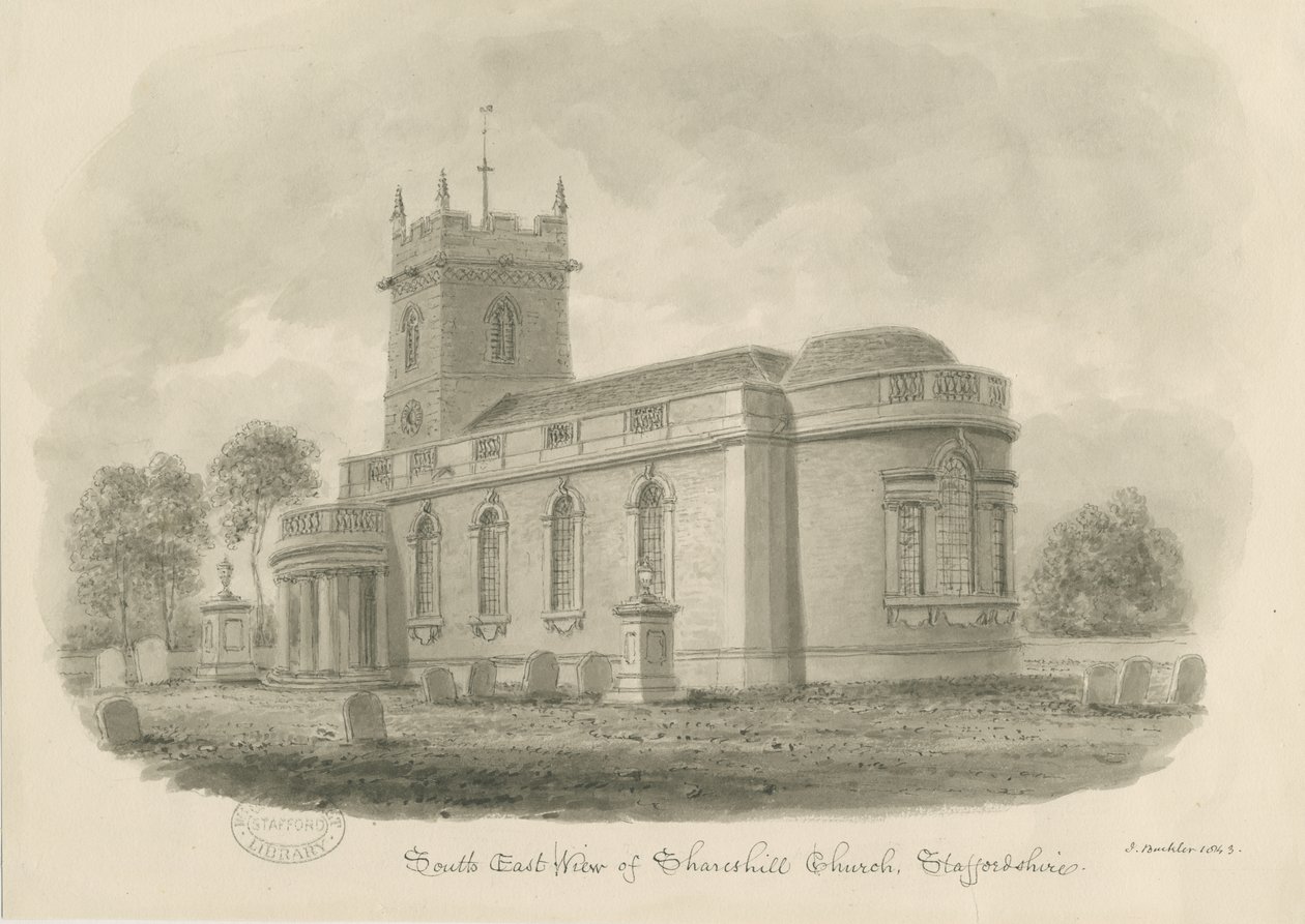 Igreja de Shareshill: desenho em sépia, 1843 de John Buckler