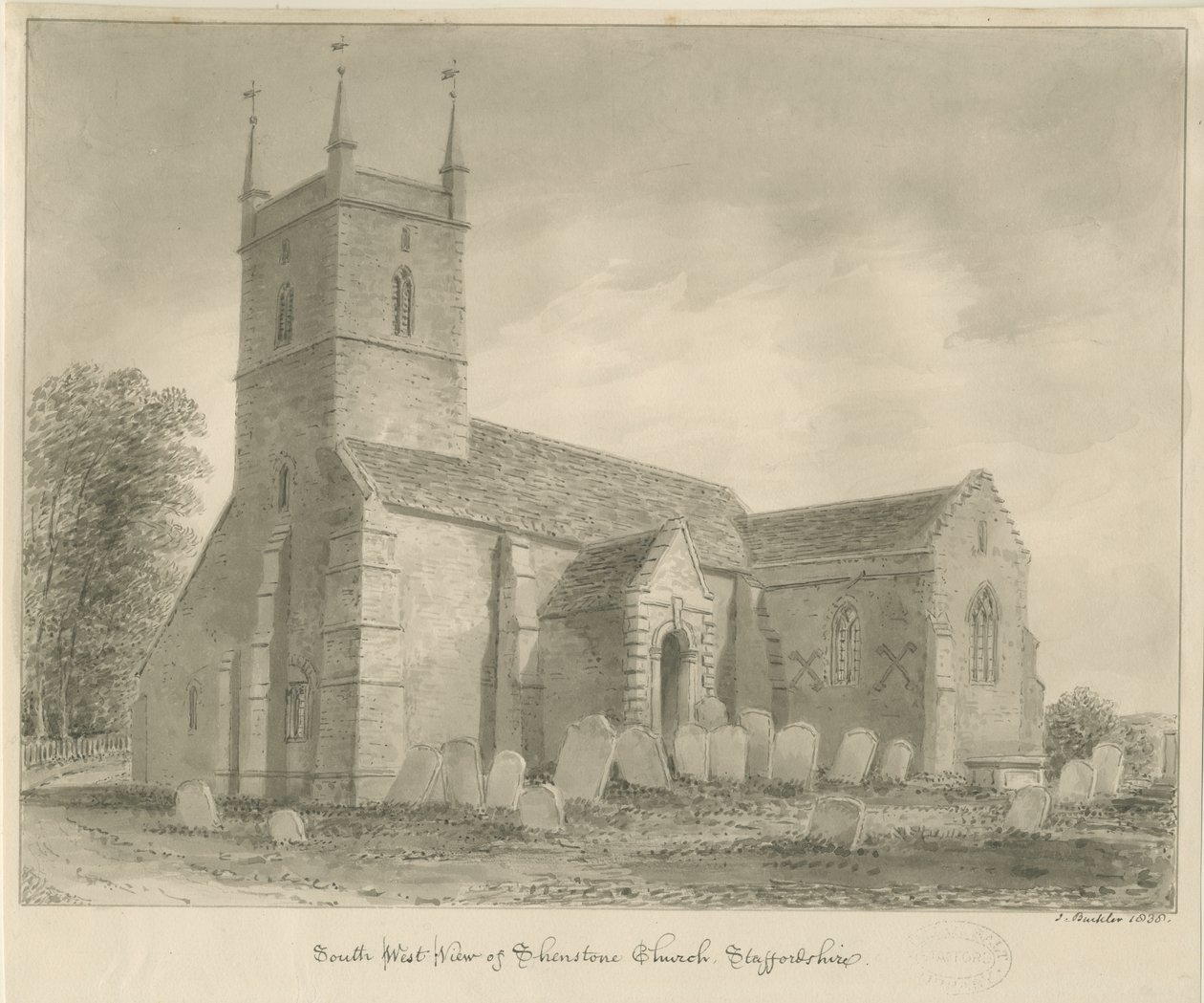 Igreja de Shenstone: desenho em sépia de John Buckler