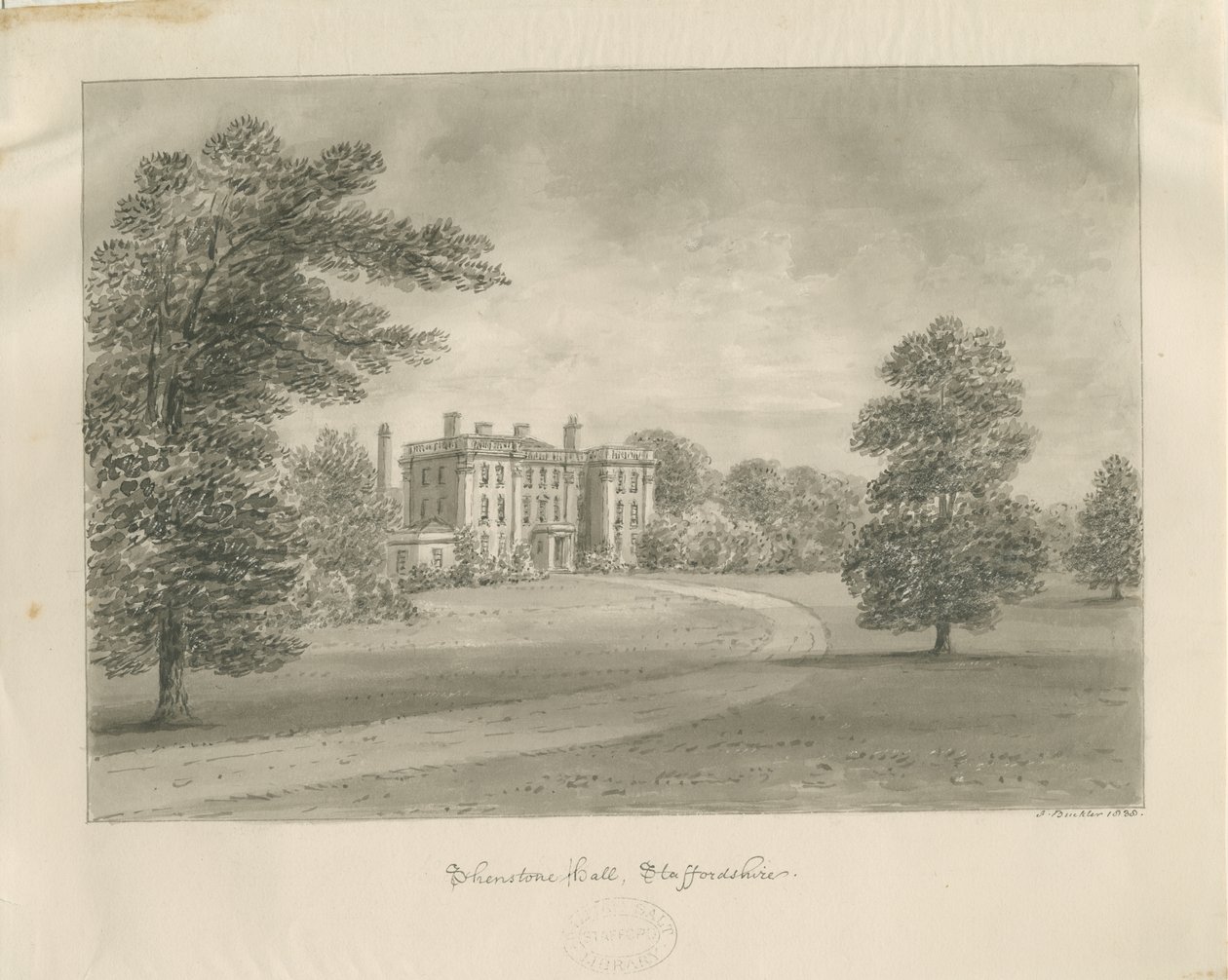 Shenstone Park - Hall: desenho em sépia de John Buckler